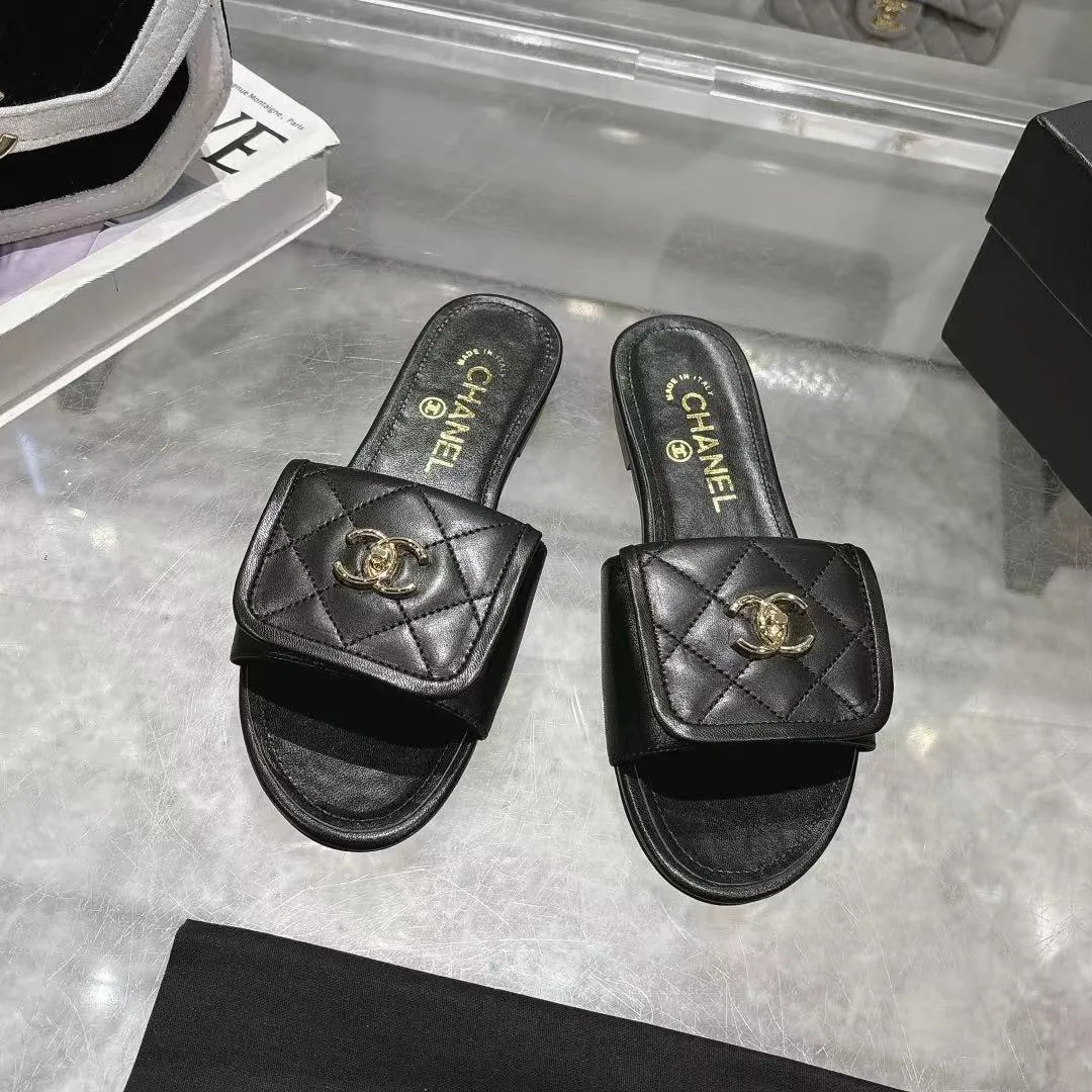 👟👟Ex-factory price 340👟👟Chanel Chanel 25C new women's double C schoolbag buckle flat sandals, fabric sheepskin, color: black: white: pink: apricot, code number: 5-40 (customized 41 42 43 customized non-refundable)